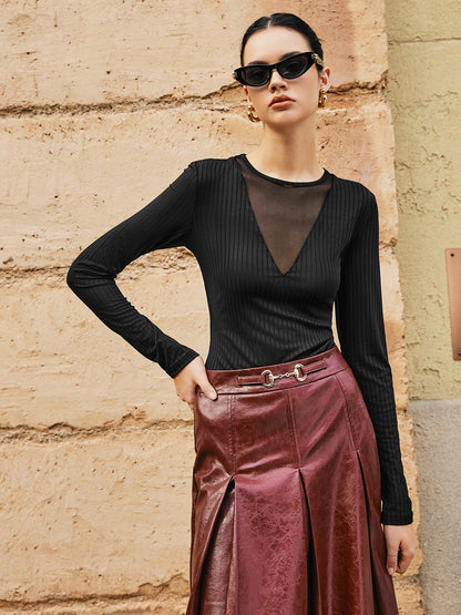 Ribbed Panel Şeffaf Tişört