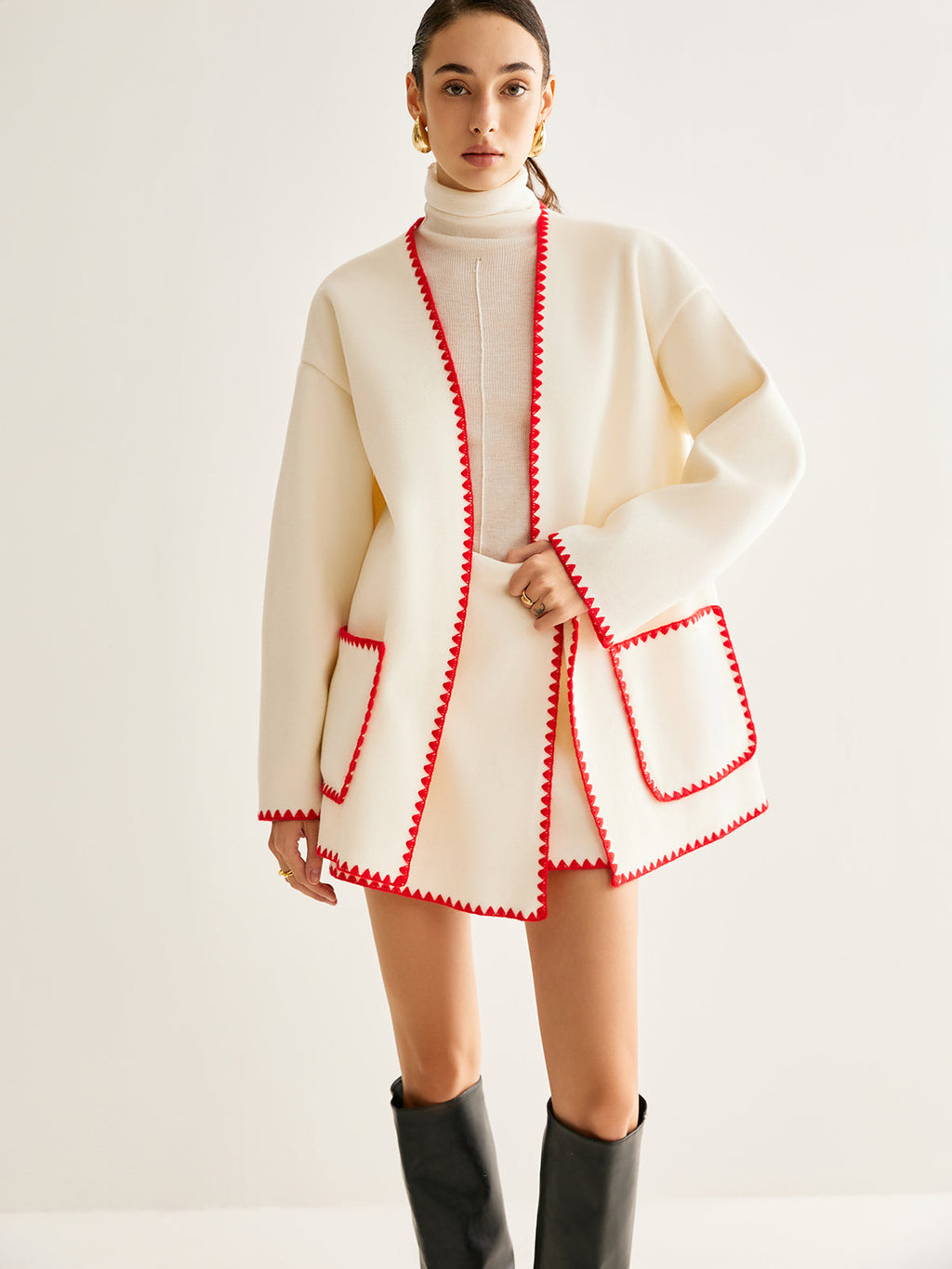 İşlemeli Kenarlı Tweed Palto