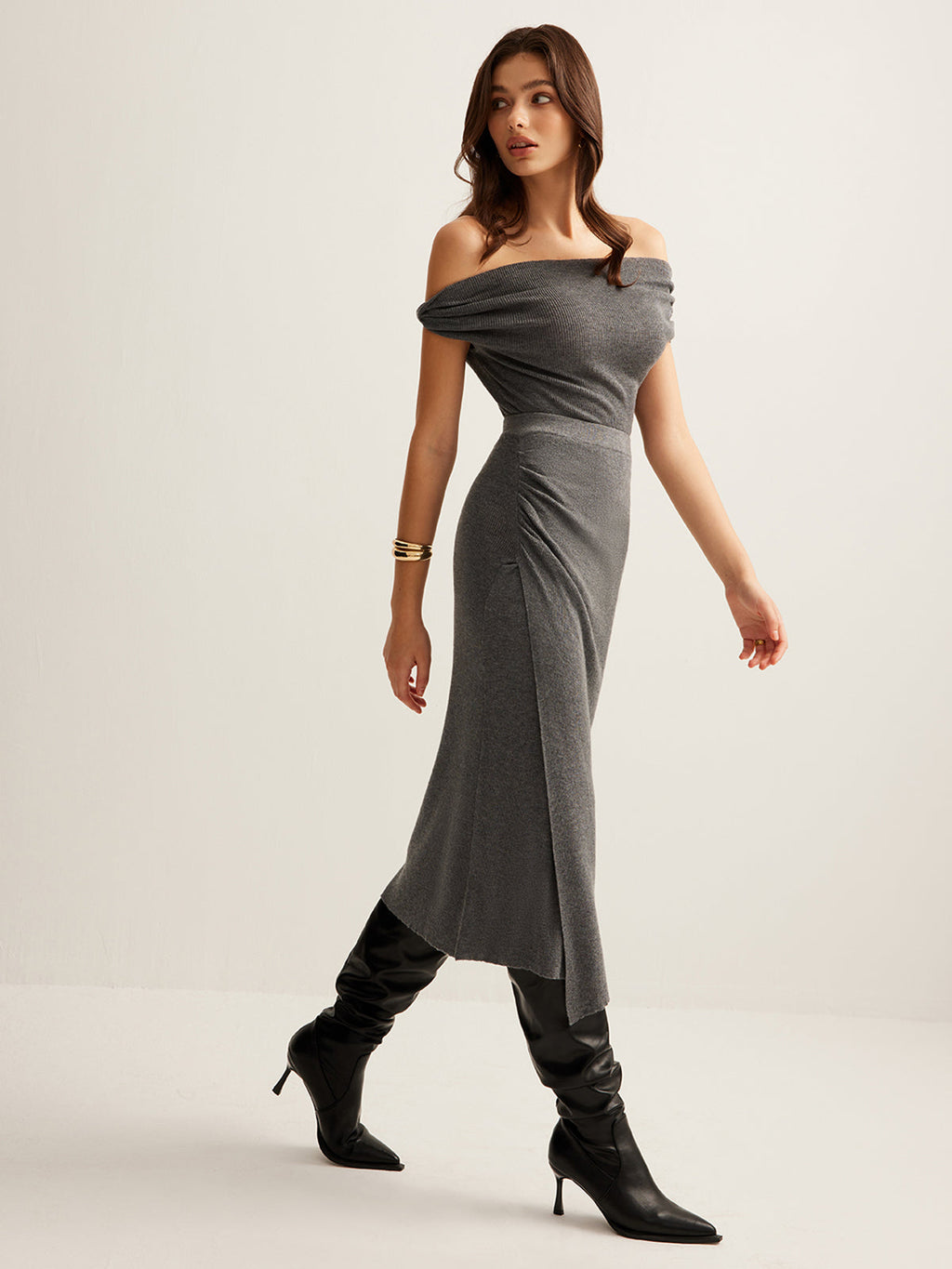 Yün Karışımlı Buruşuk Kazak Etek Takımı