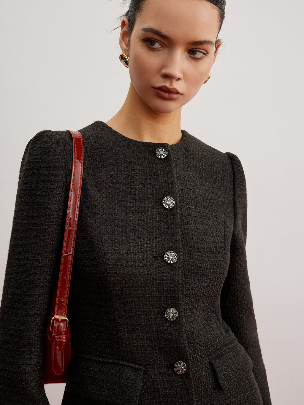 Kemersiz Şık Düğmeli Tweed Blazer