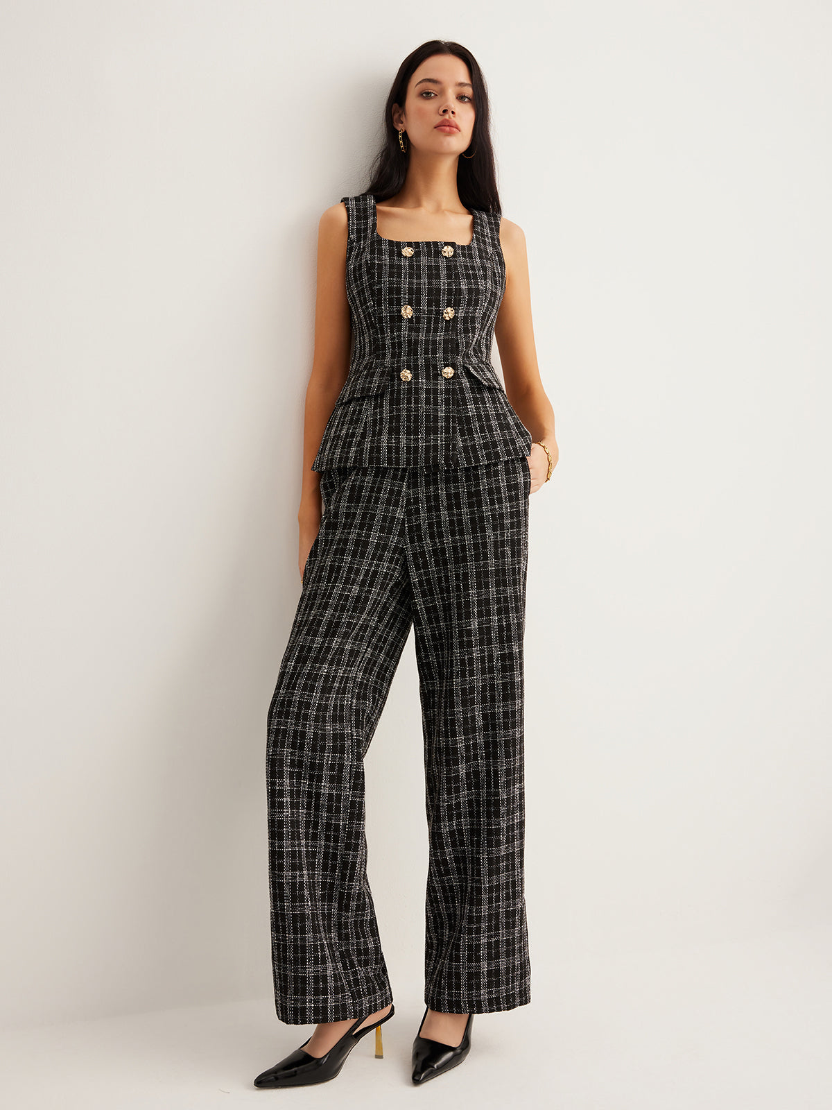 Kareli Tweed Düğmeli Yelek