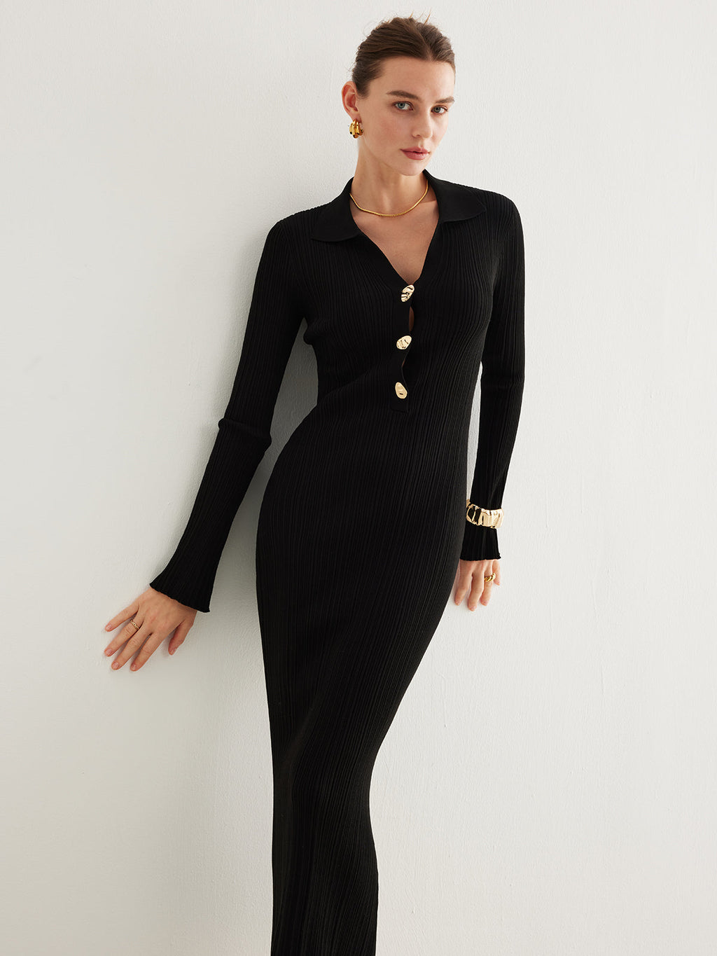 Düğmeli Çan Kollu Kazak Uzun Elbise