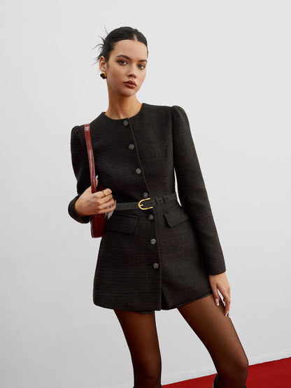 Kemersiz Şık Düğmeli Tweed Blazer