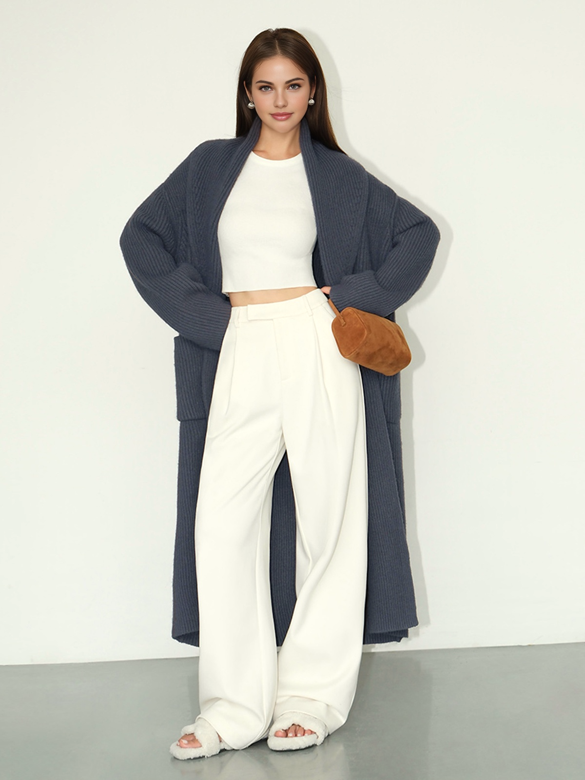 Düz Yivli Cepli Uzun Hırka