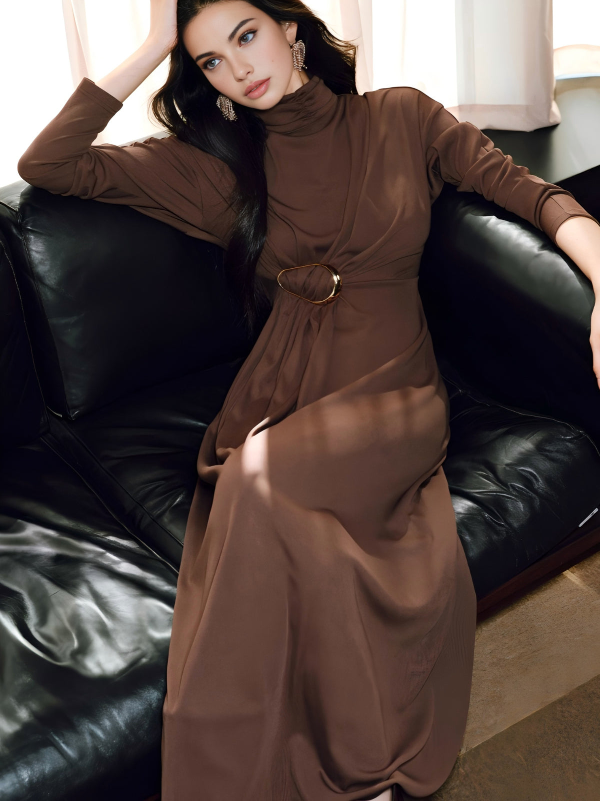 Turtleneck Düğümlü Pileli Uzun Elbise