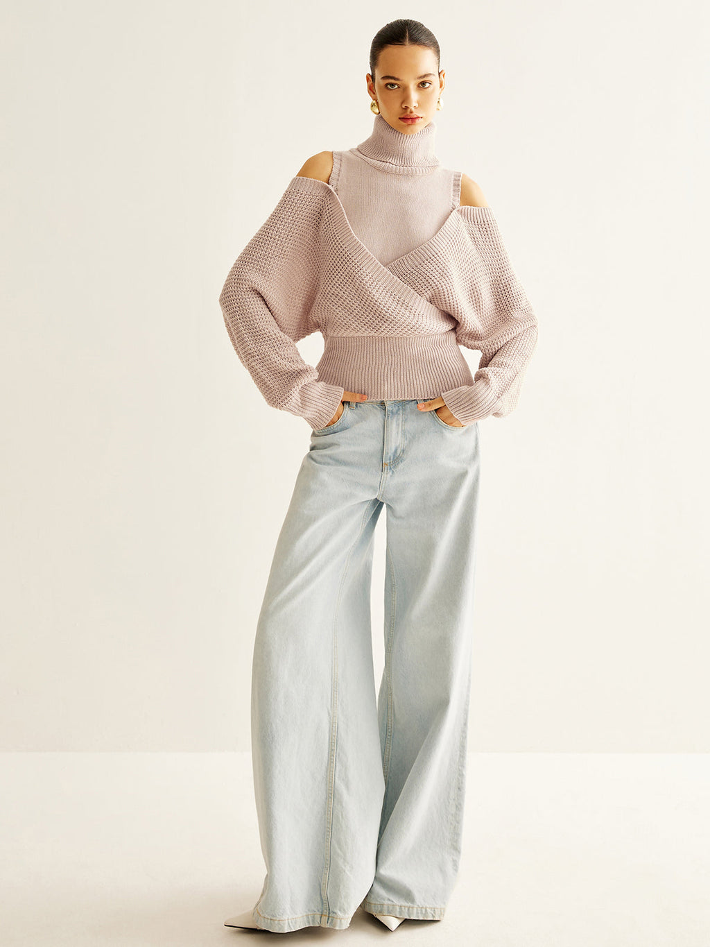 Büyük Boy Yün Karışımlı Balıkçı Yaka Sıkıştırılmış Örgü Üst