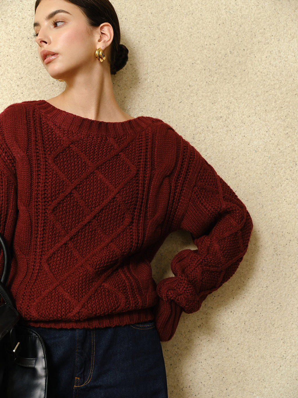 Günlük Yuvarlak Yaka Kablo Örgü Üst