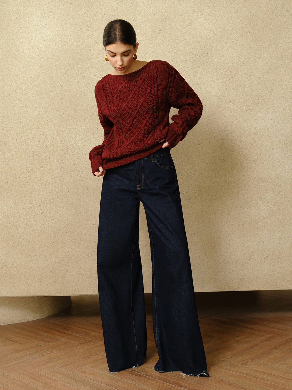 Günlük Yuvarlak Yaka Kablo Örgü Üst