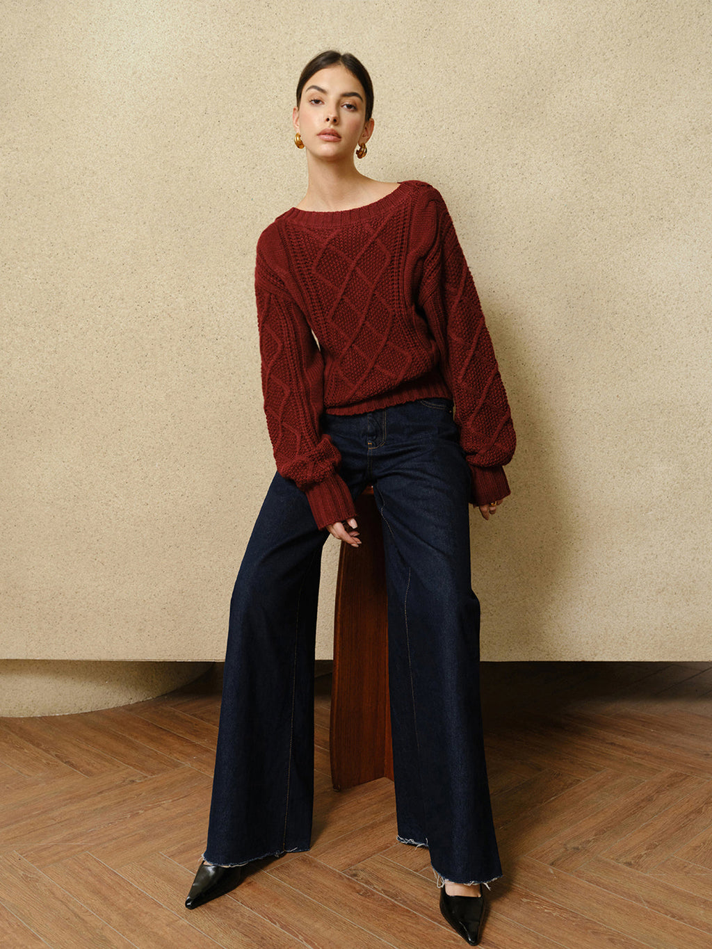 Günlük Yuvarlak Yaka Kablo Örgü Üst