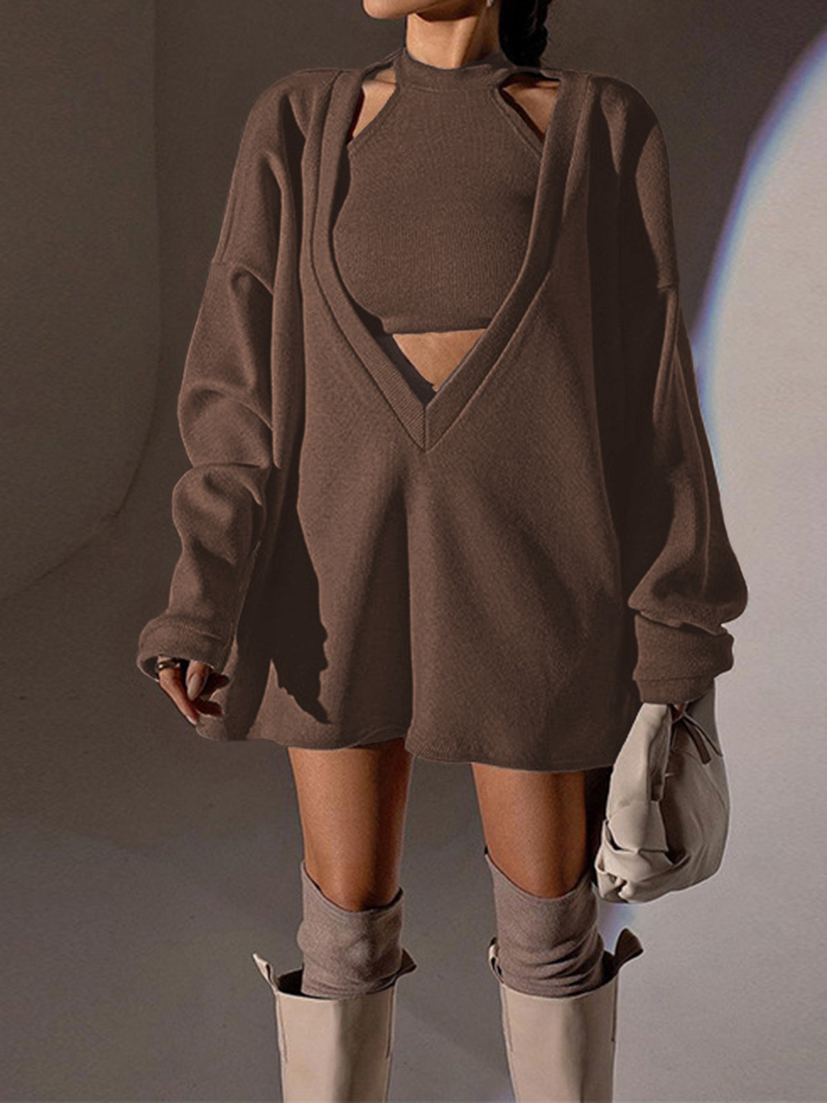 Yelekli Düz Yivli Örgü Sweatshirt