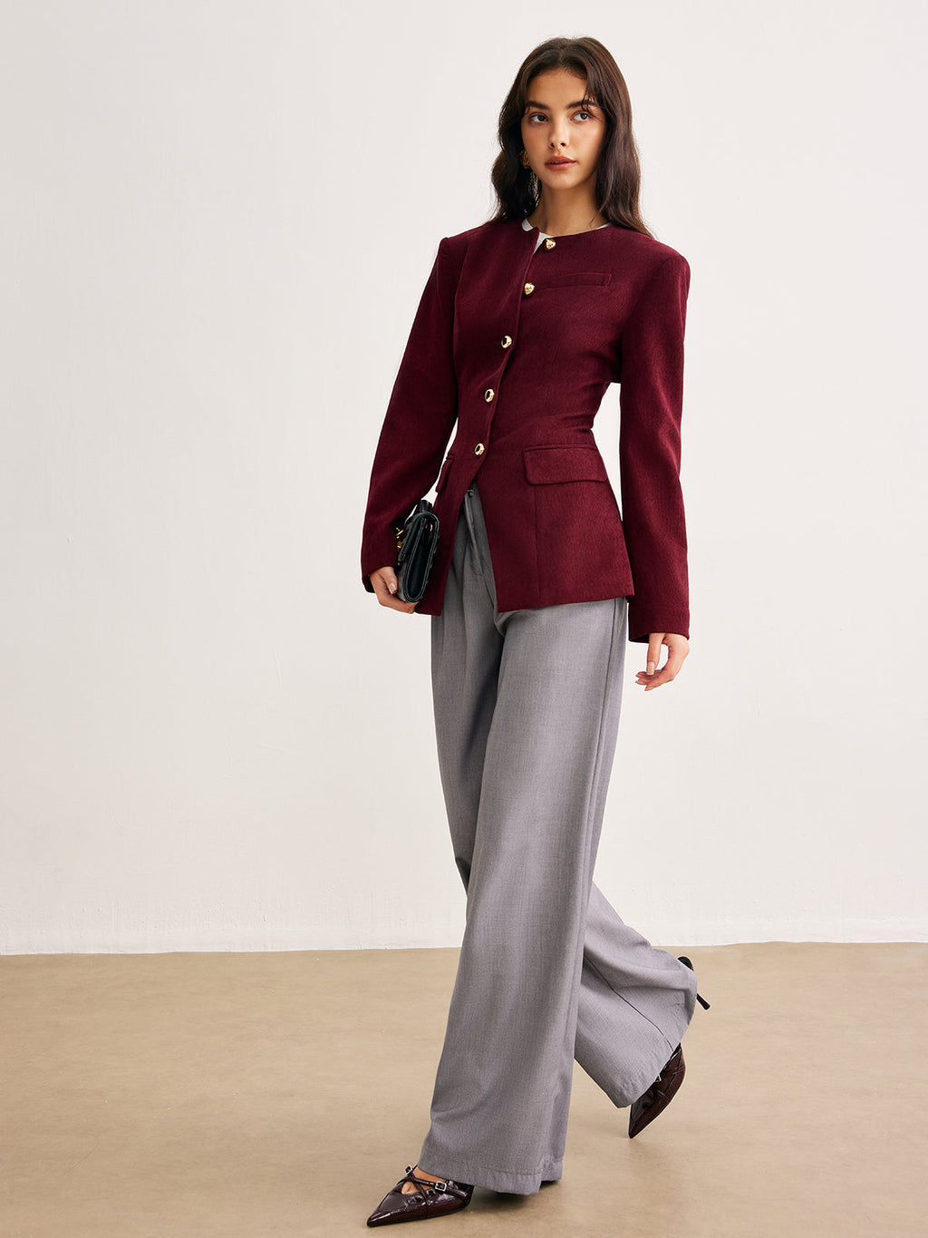 Yuvarlak Yaka Düğmeli Kadife Blazer