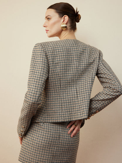 Houndstooth Düğmeli Kısa Ceket