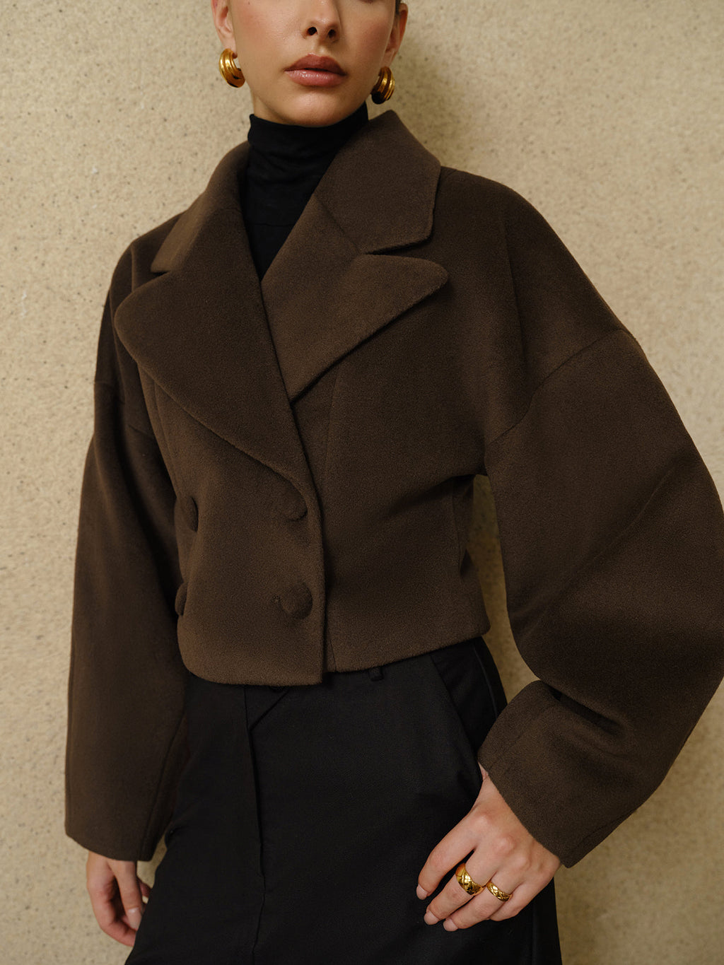 Düğmeli Tweed Yaka Kısa Mont