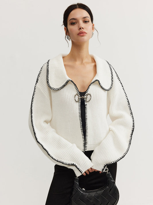 Kontrast Trim Mıknatıs Kapatmalı Örgü Üst