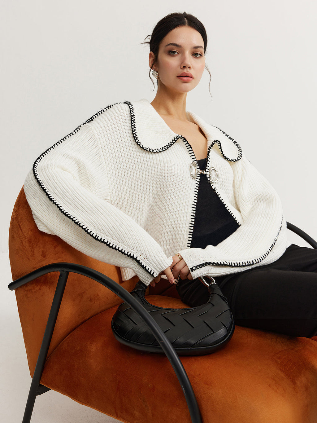 Kontrast Trim Mıknatıs Kapatmalı Örgü Üst