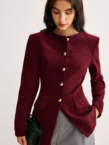 Yuvarlak Yaka Düğmeli Kadife Blazer