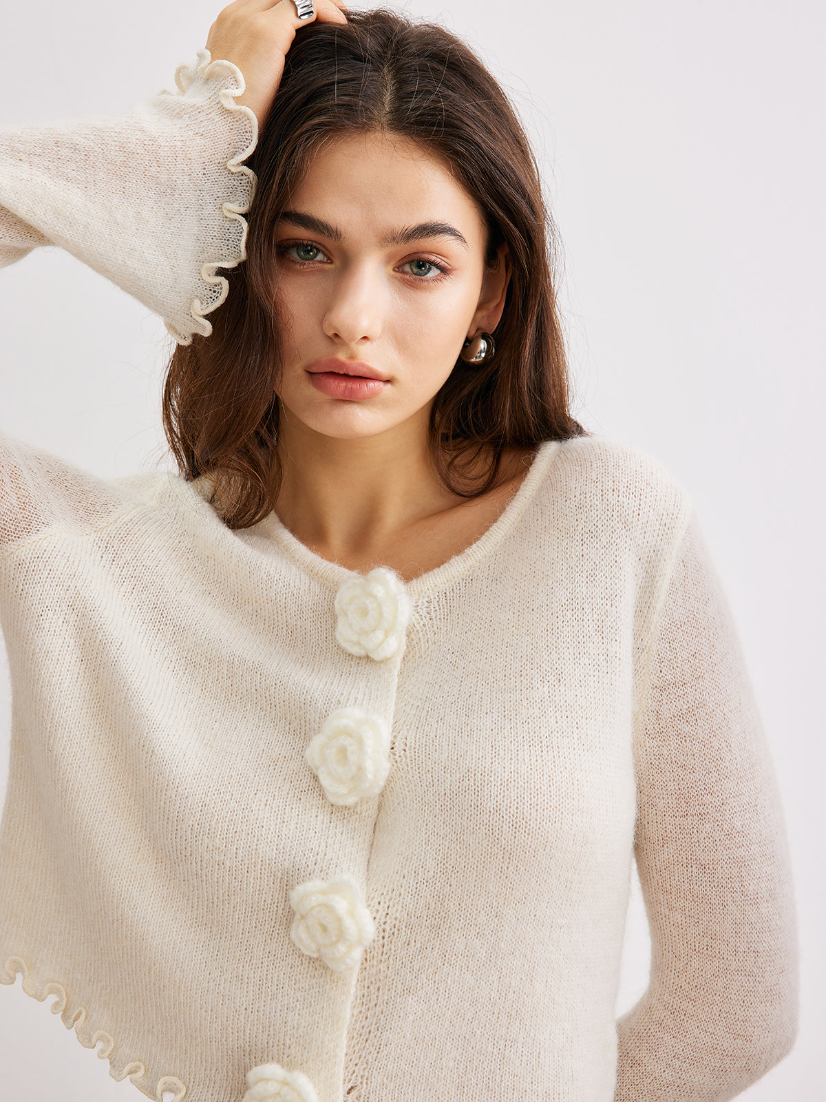 Yün Karışımlı Marul Kenarlı 3D Çiçekli Hırka