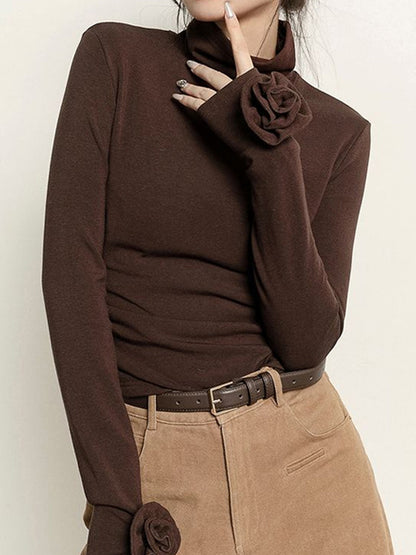 Pileli Turtleneck 3D Çiçekli Slim Tişört