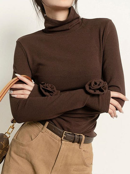 Pileli Turtleneck 3D Çiçekli Slim Tişört