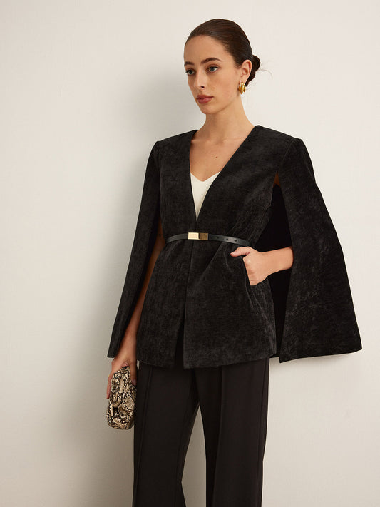 Kadife Kuşaklı Pelerin