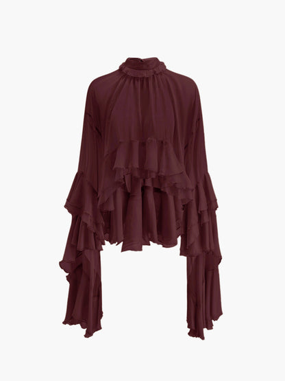 Şeffaf Turtleneck Volanlı Şifon Bluz