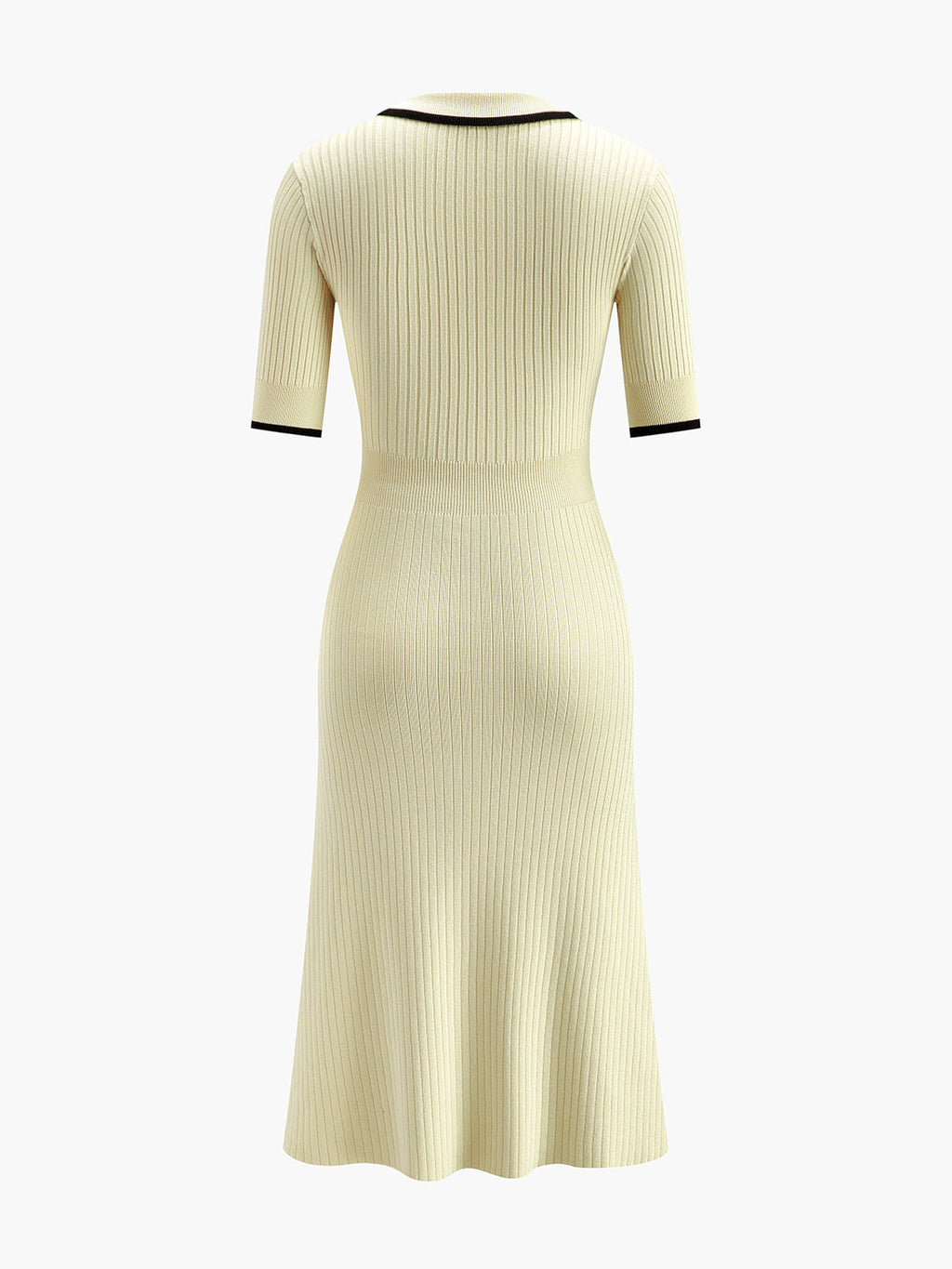 Kontrast Trim Yakalı Kaburga Örgü Kısa Kollu Midi Elbise