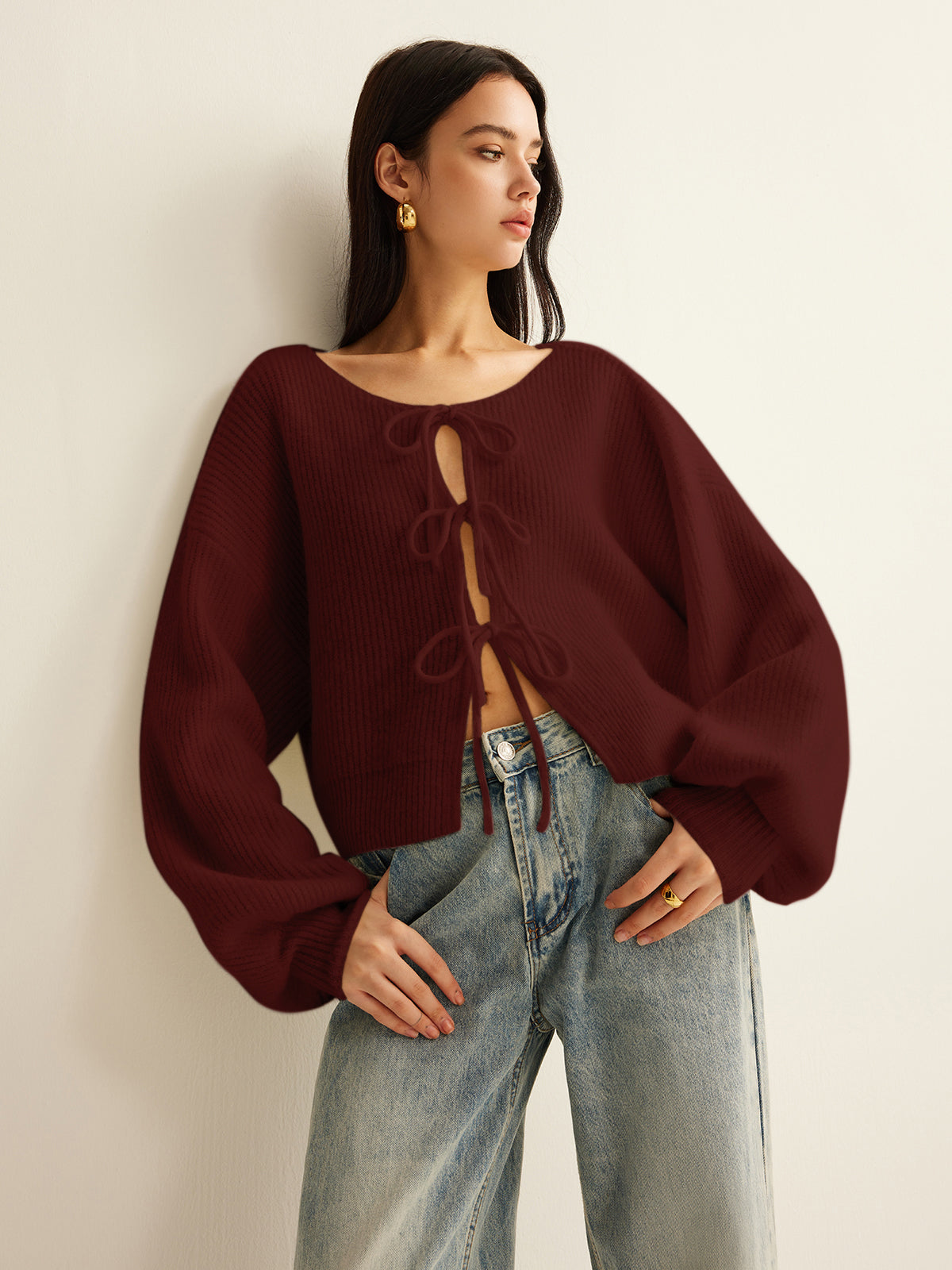 Yün Karışımlı Önü Bağcıklı Hırka