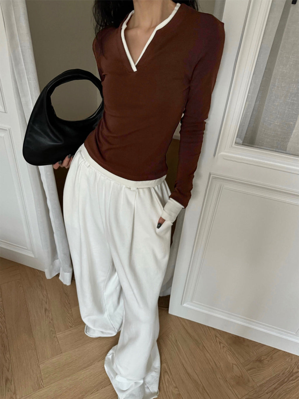 2'Si 1 Arada V Yaka Kontrast Kesim Jersey Üst