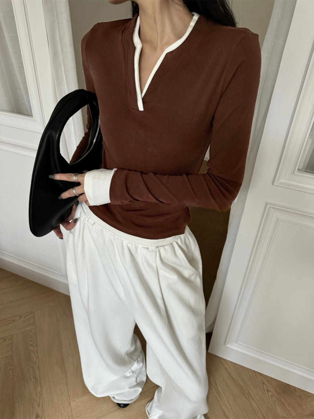 2'Si 1 Arada V Yaka Kontrast Kesim Jersey Üst