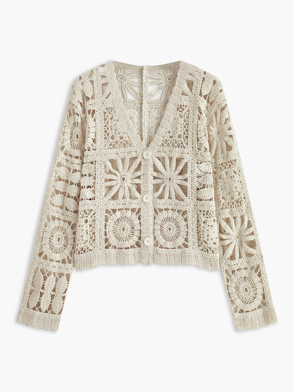 Tığ İşi Kare Desen Düğmeli Ön Hırka