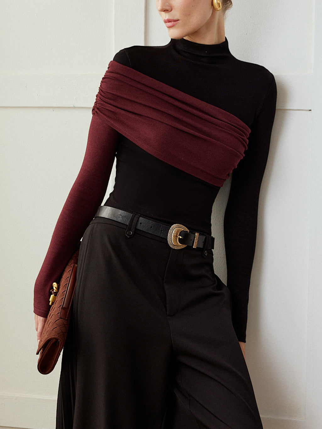 Renk Bloklu Pileli Jersey Slim Üst