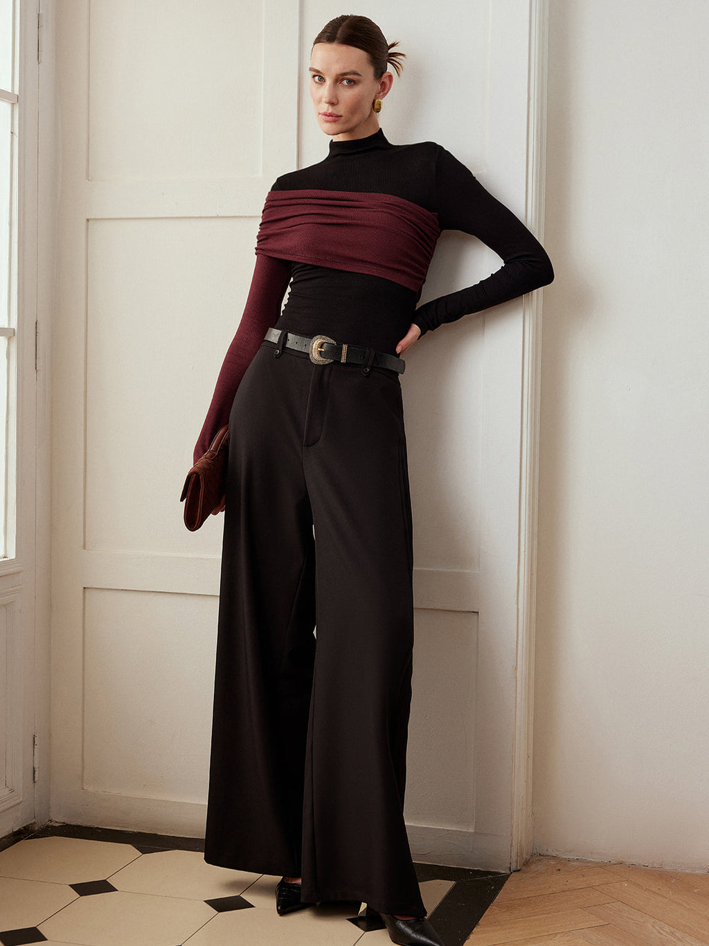 Renk Bloklu Pileli Jersey Slim Üst