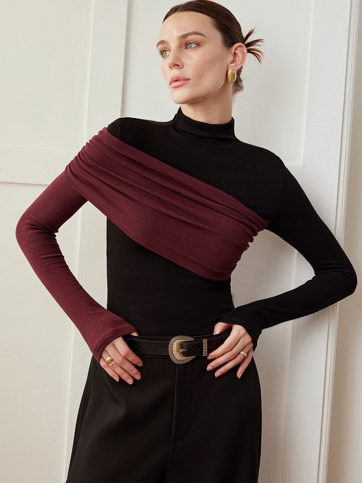 Renk Bloklu Pileli Jersey Slim Üst