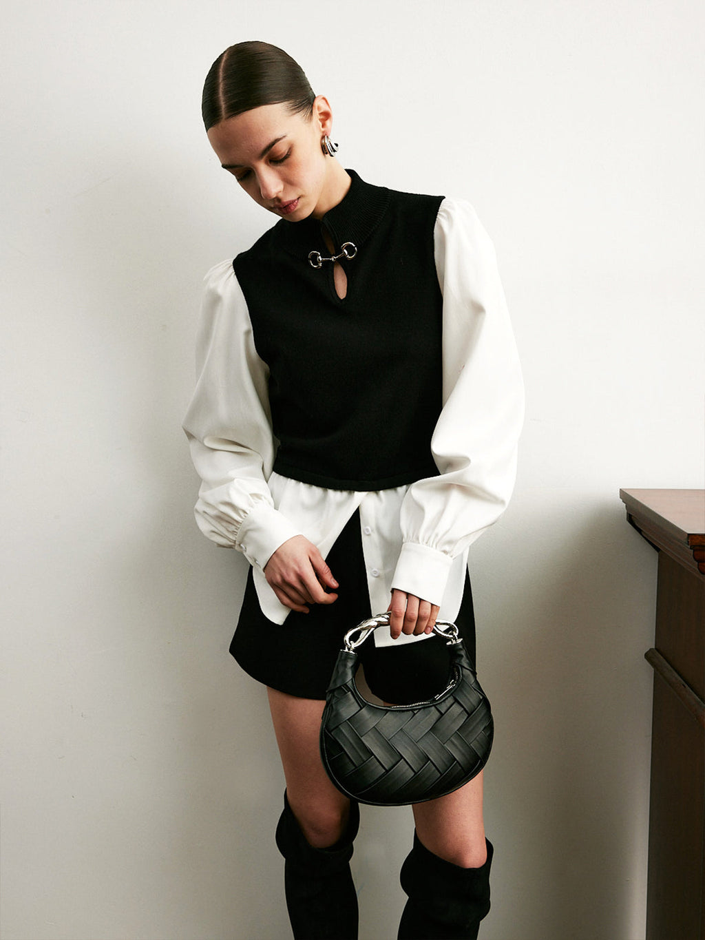 2'Si 1 Arada Renk Bloklu Metal Detaylı Örgü Üst