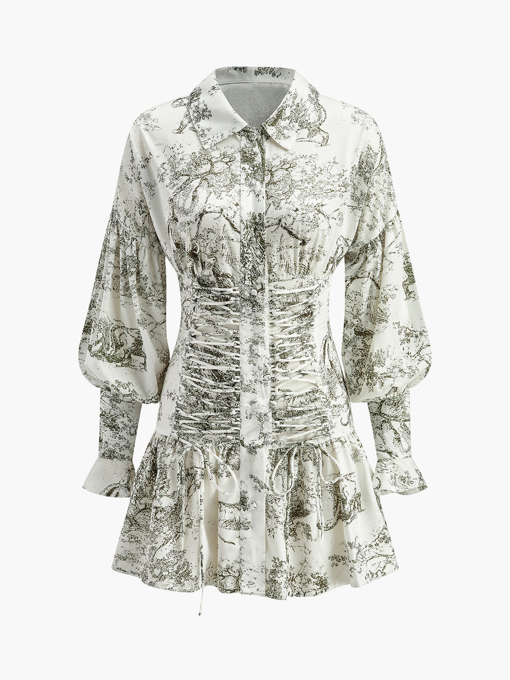 Bağcıklı Ön Çiçekli Puf Kollu Elbise