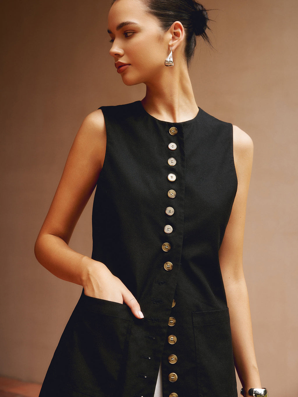 Pamuklu Ve Keten Düğmeli Ön Yelek