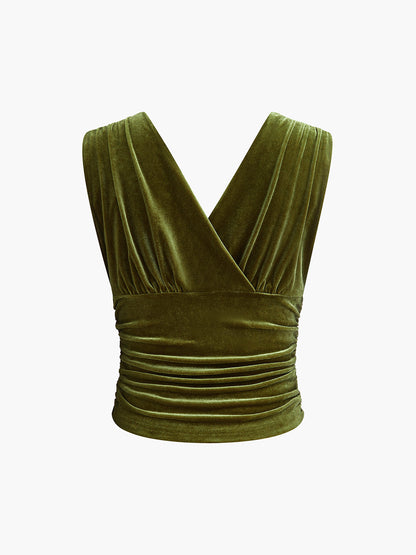 Kadife Pileli Belden Bağlamalı Kısa Tank Top