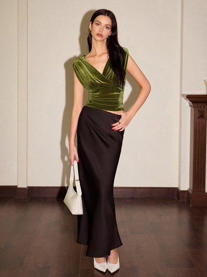 Kadife Pileli Belden Bağlamalı Kısa Tank Top