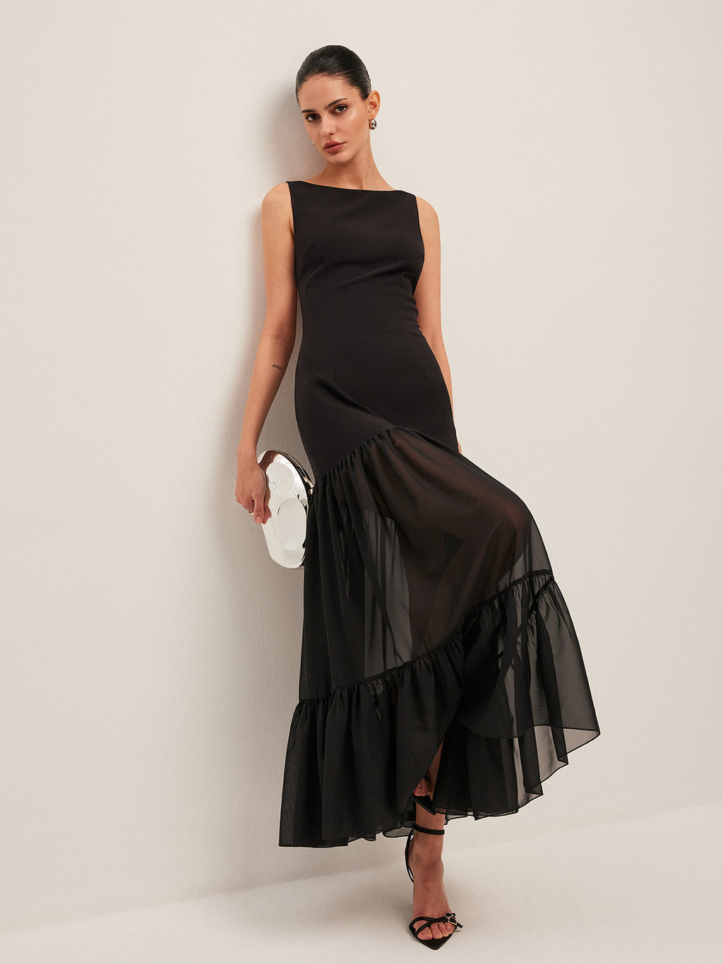 Şeffaf Panelli Arka Bağcıklı Volanlı Etek Ucu Elbise