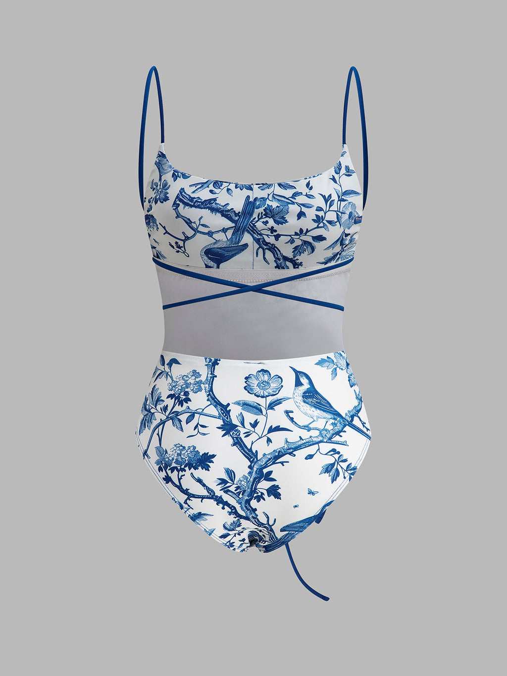 Kuş Desenli Bağcıklı Tek Parça Mayo