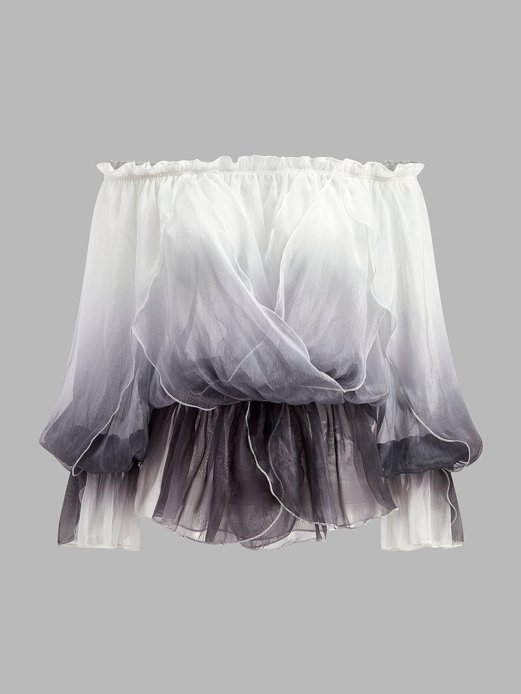 Yarı Şeffaf Degrade Çiçekli Omuzdan Askılı Şifon Üst