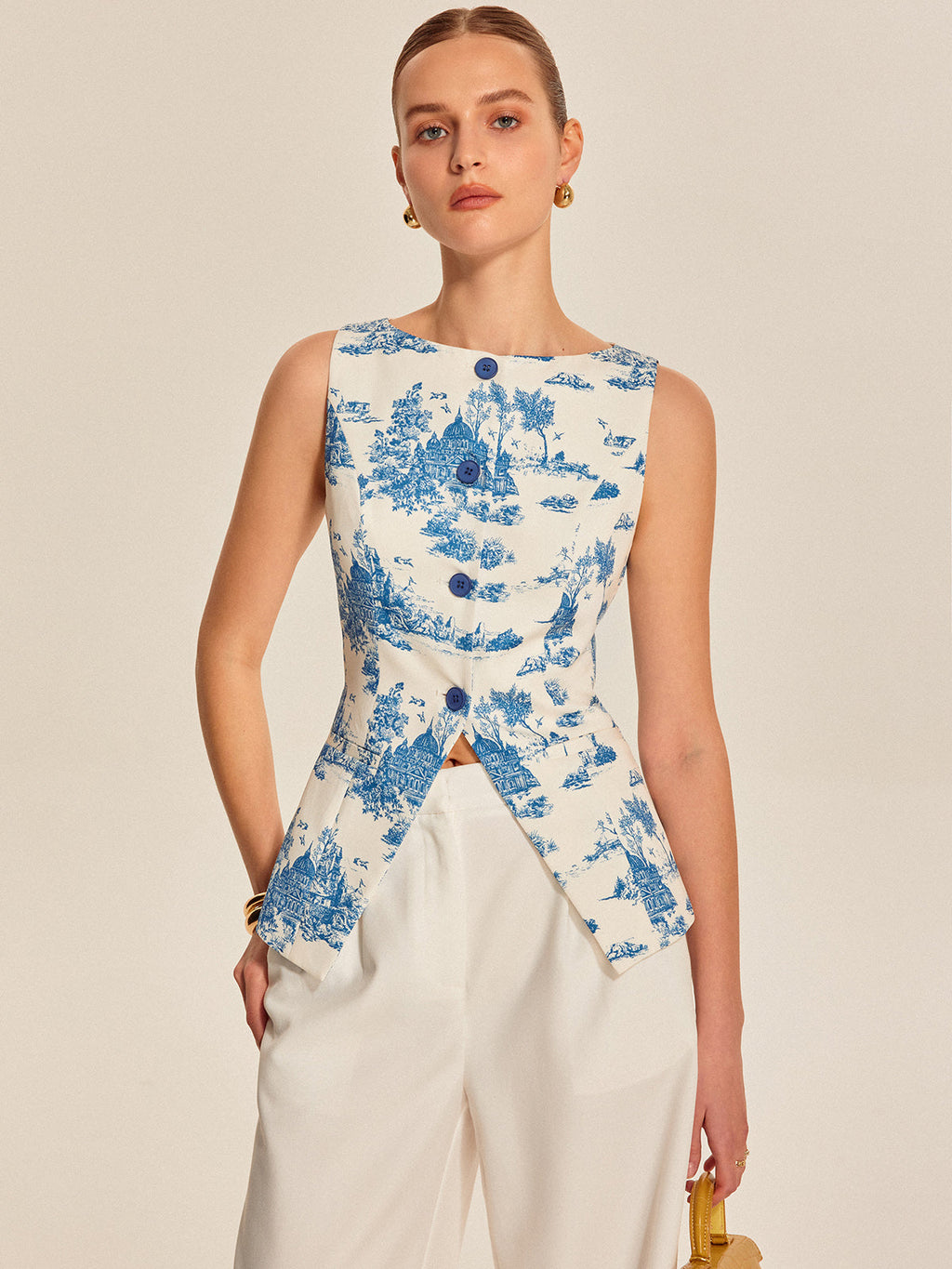 Baskılı Kolsuz Yırtık Etek Yelek