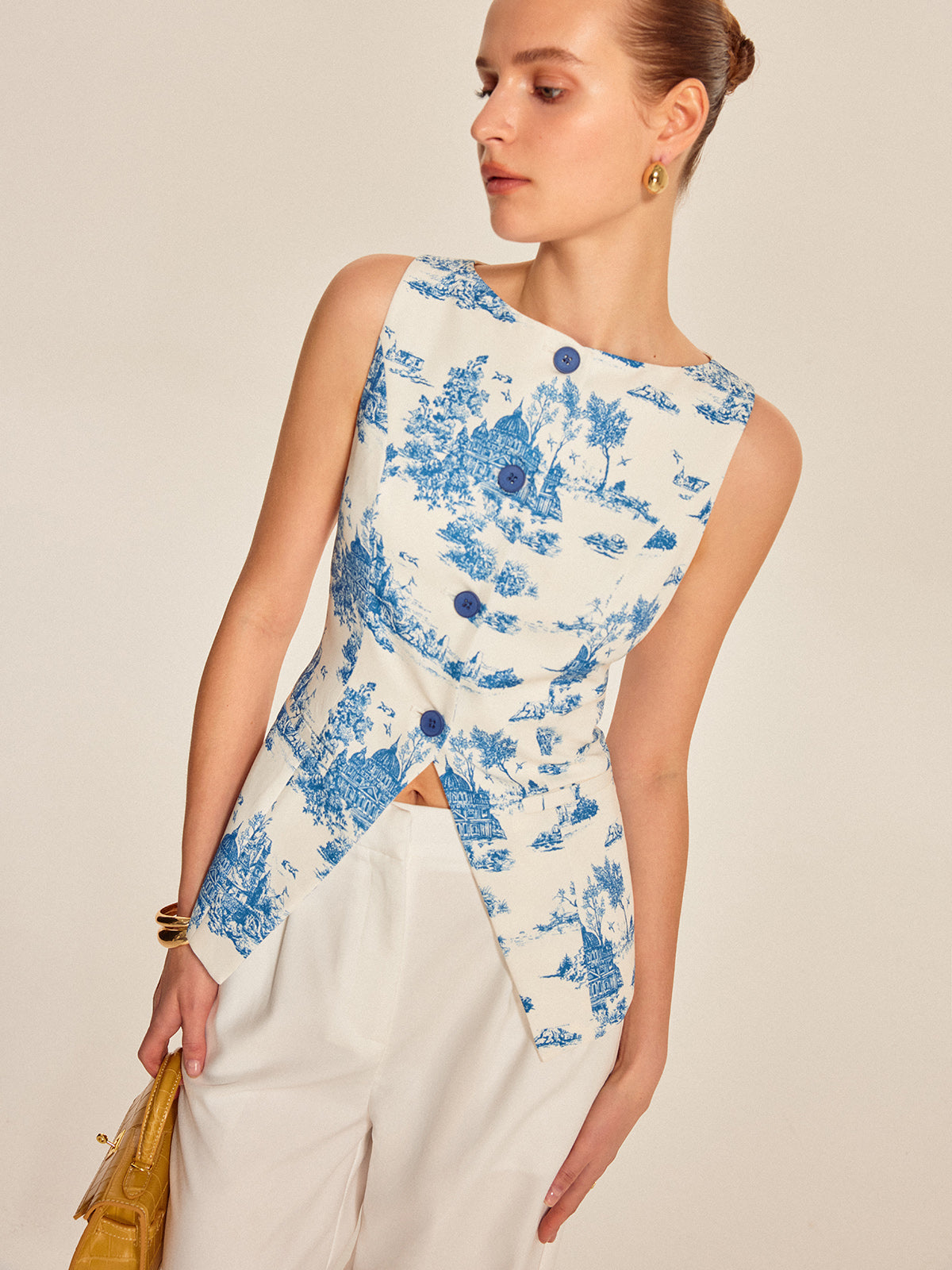 Baskılı Kolsuz Yırtık Etek Yelek