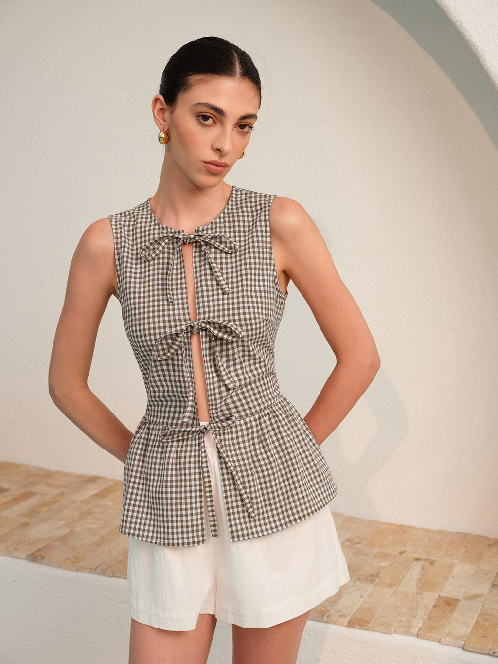Gingham Önden Bağlamalı Peplum Üst