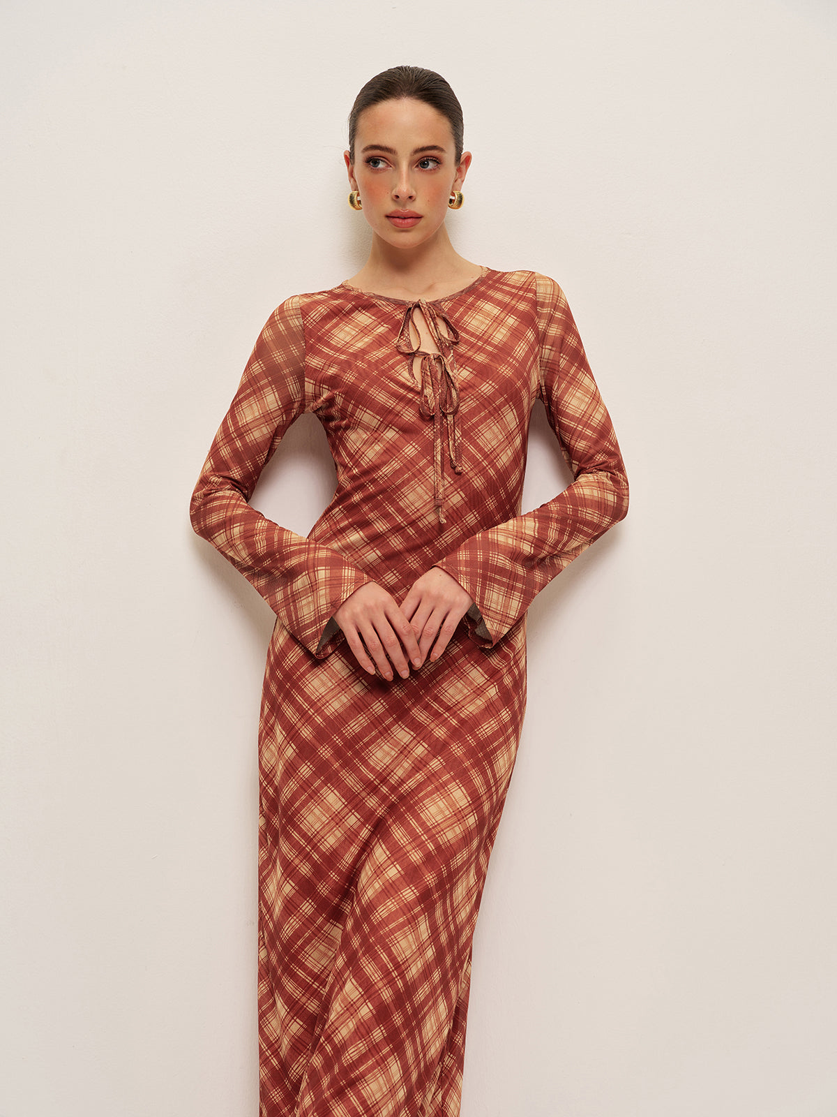 Ekose Önden Bağlamalı Uzun Kollu Elbise