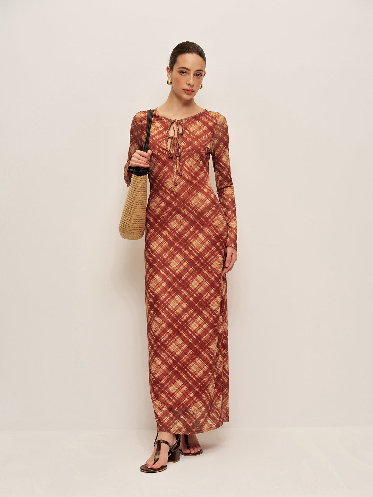 Ekose Önden Bağlamalı Uzun Kollu Elbise