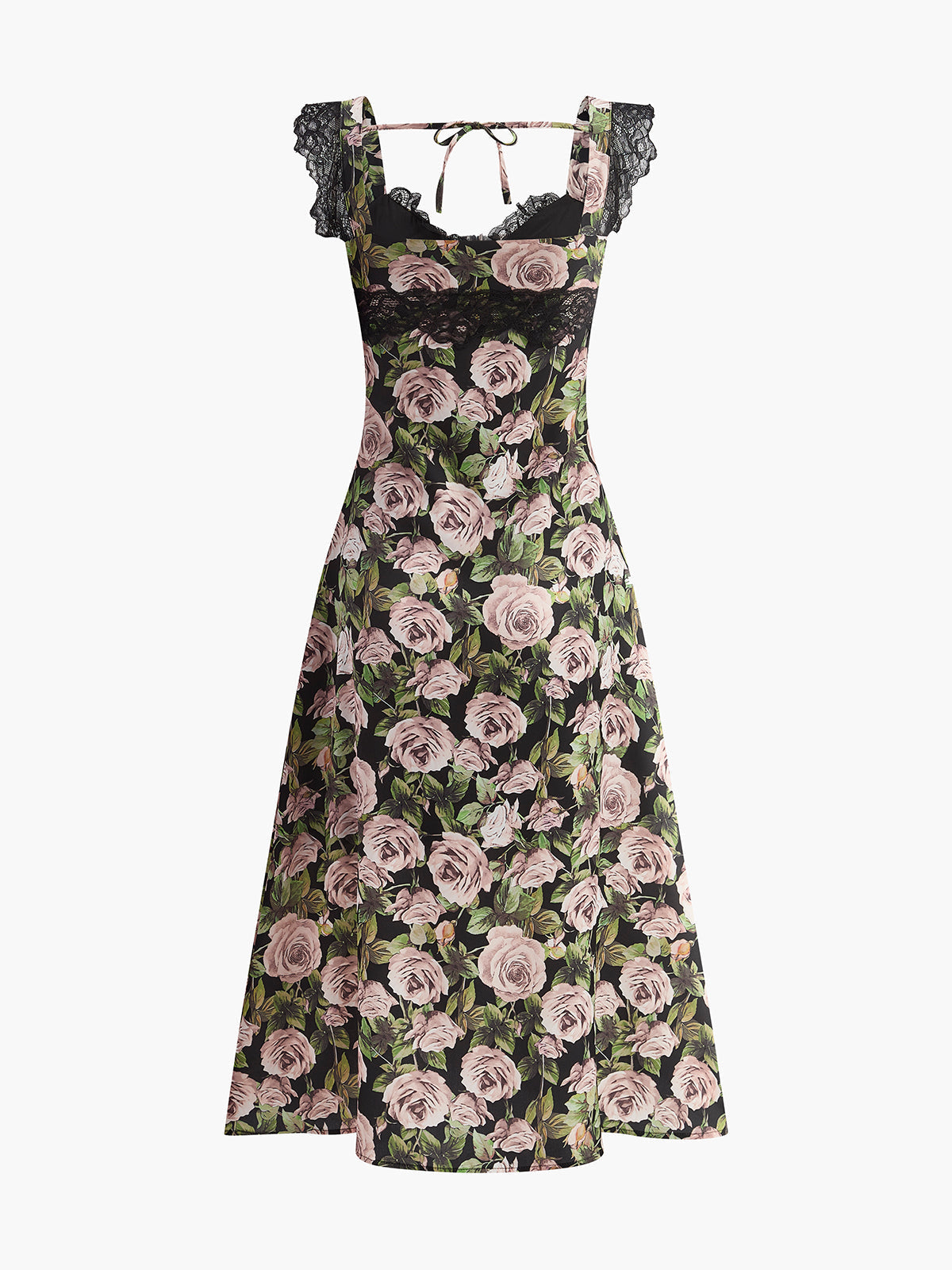 Çiçekli Dantel-Süslemeli Bağcıklı Elbise