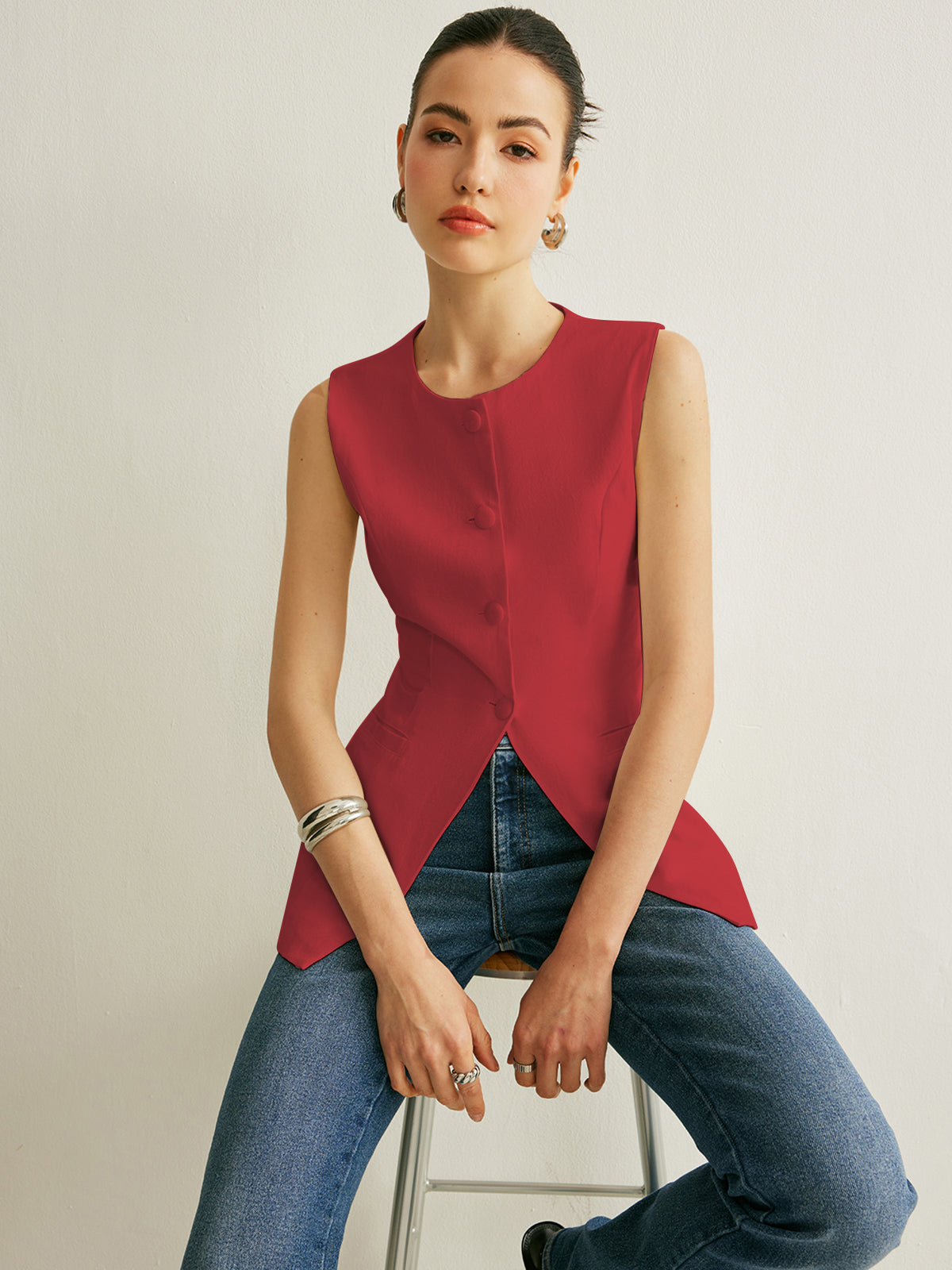 Düğme Detaylı Kolsuz Yelek