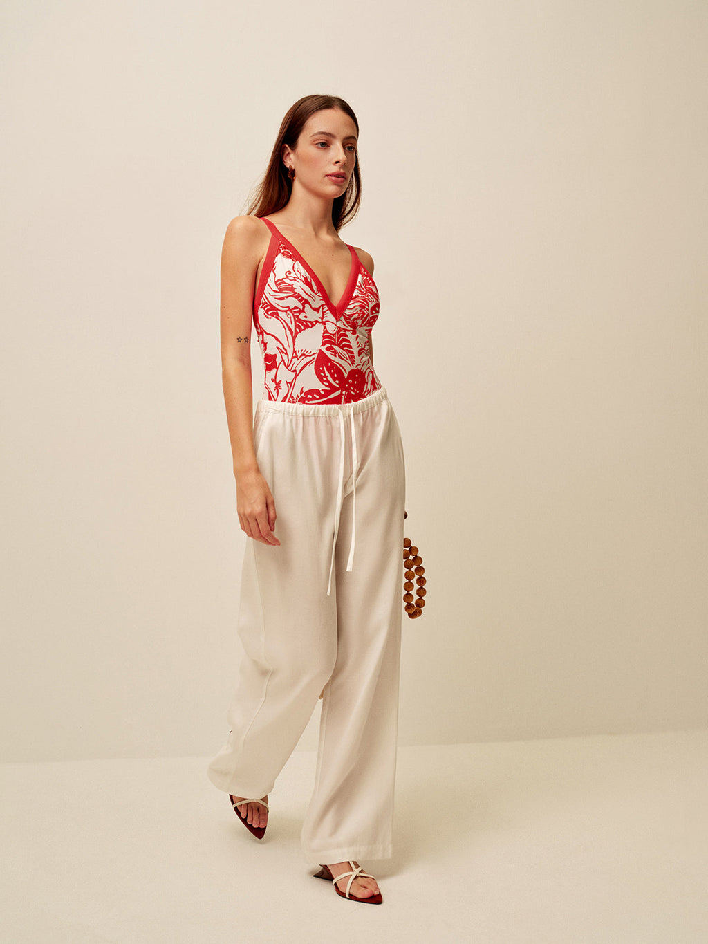 Tropikal Desenli V Yaka Tek Parça Mayo