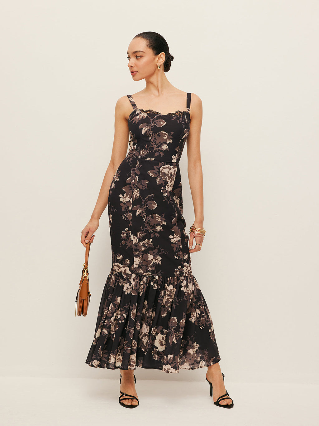 Şifon Çiçekli Volanlı Etek Elbise